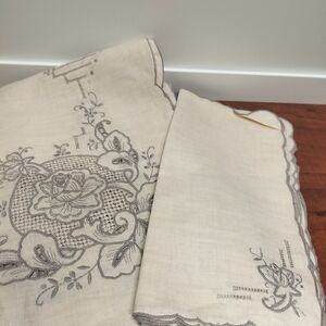 VTG Madeira Style Embroidered Cut Out Linen Tablecloth +6 Napkins 66X48" Beige